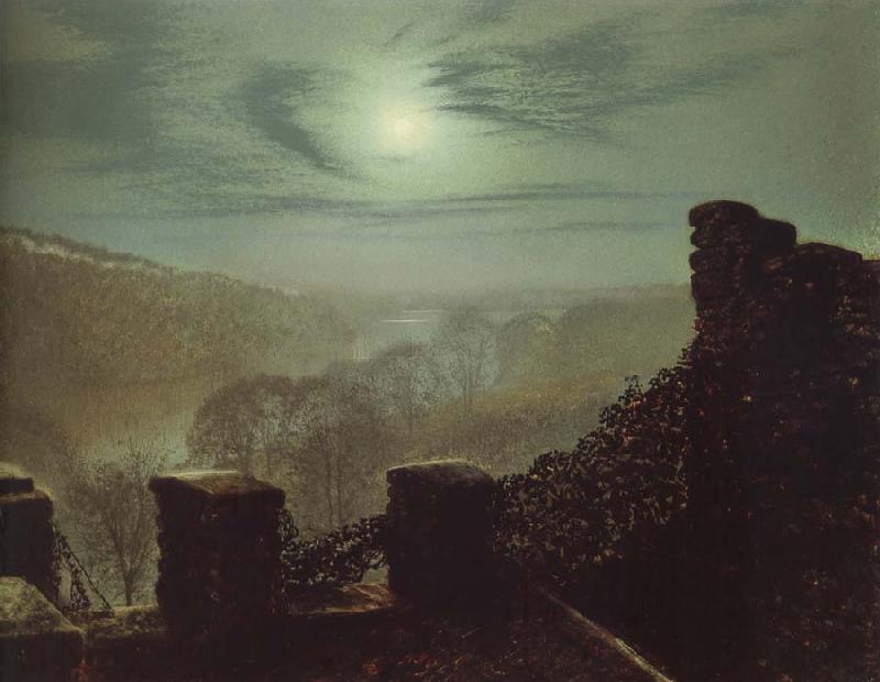 Atkinson Grimshaw Full Moon Behind Cirrus Cloud From the Roundhay Park Castle Battlements oil painting picture